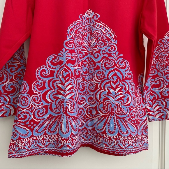 J. McLaughlin Catalina Cloth Blue Red Floral Damask Print Top Small 3/4 Sleeve - Picture 5 of 11